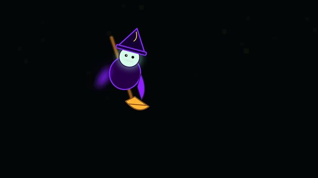 Animated cartoon witch figures flying through dark space with halloween charm and stylistic cyberpunk makeup elements featuring glowing purple light effects in a digital graphic scene