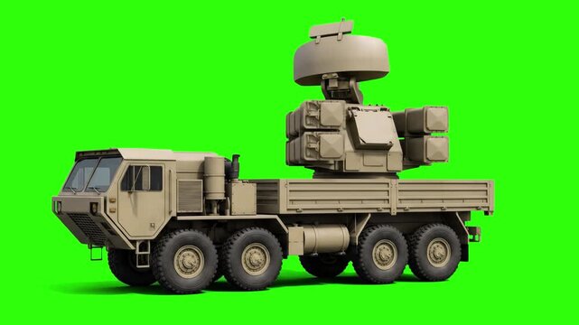 High-detail 3D model of a desert tan military surface-to-air missile defense system truck with radar dish, set against a bright green screen chroma key background. Great for military video editing, de
