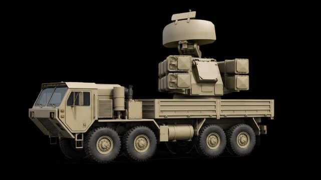 Side view profile of a desert-camouflaged Pantsir S1 self-propelled anti-aircraft missile and artillery system mounted on a heavy military truck chassis, isolated on a dark backdrop. Suitable for defe