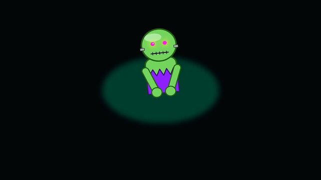 A surreal digital animation displaying tiny creatures with halloween aesthetic and cyberpunk makeup sitting inside glowing circular light pools on a dark void stage floor