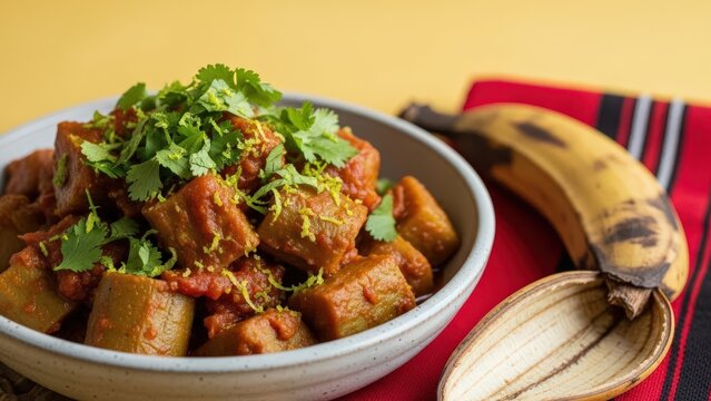 Traditional Matoke Stewed Plantains with Tomatoes and Onions on Warm Yellow Background with Copy Space