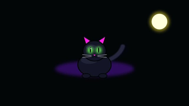 a whimsical black feline character showcases halloween vibes through vibrant cyberpunk makeup as it sits under a glowing moon in this stylized digital animation loop sequence