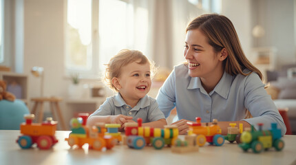 Obraz premium Happy Young Mother and Toddler Son Laughing While Playing with Colorful Wooden Toy Trains at Home