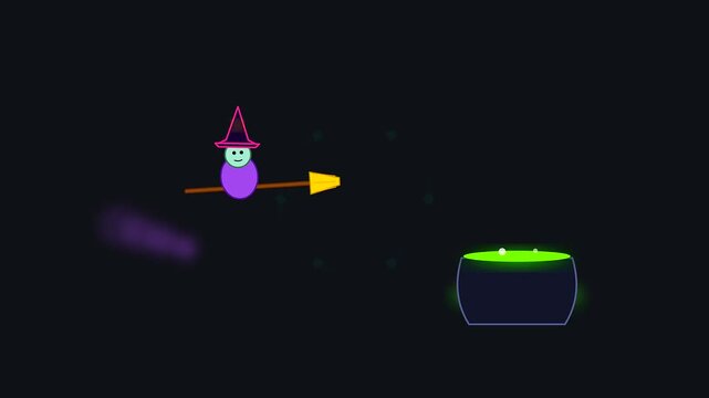 Animated witch flying on broomstick above bubbling cauldron with halloween vibe and cyberpunk makeup aesthetics captured in a minimalist digital art sequence with glowing green liquid