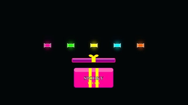 A cute white ghost emerges from a vibrant pink gift box as colorful candy treats float around with bright neon glows featuring playful halloween cyberpunk makeup style