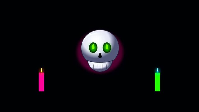 glowing skulls float above neon candles in a festive halloween composition with cyberpunk makeup style aesthetic creating a spooky atmosphere of mystery and dark vibrant energy