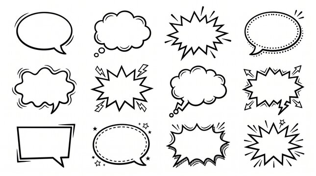 Hand drawn comic speech bubbles set with thought bubble dialogue collection
