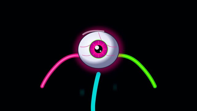 A surreal eyeball creature with glowing limbs performing a blinking animation sequence evoking cyberpunk makeup styles for a creative halloween project against a pitch black darkness