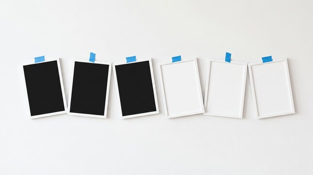 Set of blank polaroid frames pinned to wall with polaroid photography pictures