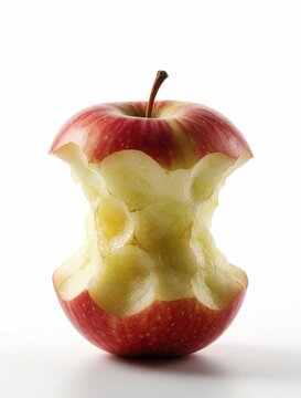 Red apple core on white background. Leftover fruit with bite marks shows how much was eaten. Healthy snack part consumed. Food waste concept.