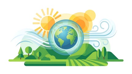 Fototapeta premium Harmonious illustration of Earth within a vibrant natural landscape, surrounded by sun and wind, symbolizing global environmental sustainability and ecological balance for a greener future