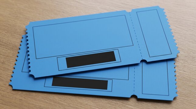 Two blue entry tickets with black boxes on a wooden surface template admission