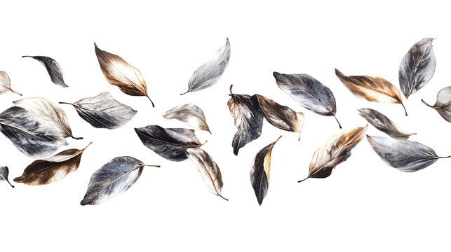 Watercolor depiction of floating, abstract leaves in muted shades against a black background