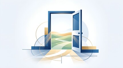 Fototapeta premium Open door revealing a winding path towards a bright horizon, a symbolic illustration of new opportunities, future possibilities, personal growth, and success ahead