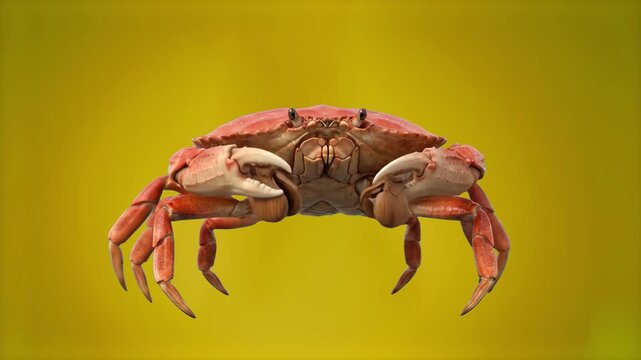 Humorous 3D render of a cheerful red sea crab performing a rhythmic dance, actively clacking two sea shells together with its small claws, isolated on a smooth yellow background. Ideal for fun seafood