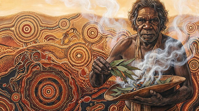 Indigenous Australian man performing smoking ceremony with dot art.