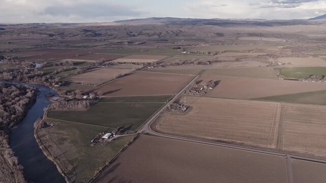 Aerial View of Agricultural Fields and Farms on the Rural Plains of Bridger, Montana