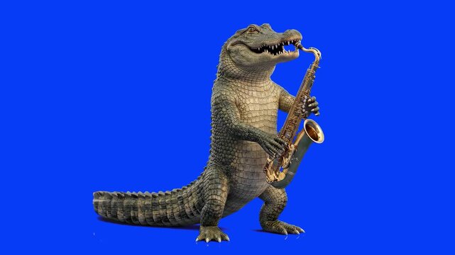Detailed 3D model of a green alligator standing upright and playing a golden brass saxophone, isolated on a bright solid blue background. Great for jazz club promotions, blues music videos, funny anim