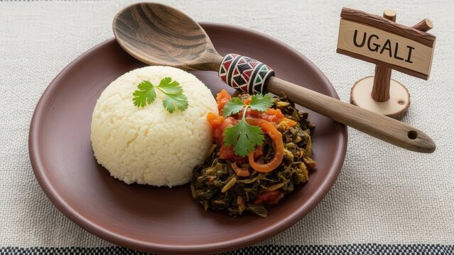 Traditional Ugali Cornmeal and Sukuma Wiki Collard Greens on Earth Brown Background with Copy Space