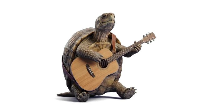 High-detail 3D model of a cute turtle playing an acoustic guitar, isolated on a clean white background with a subtle shadow. Ideal for music school banners, acoustic music album art, funny greeting ca