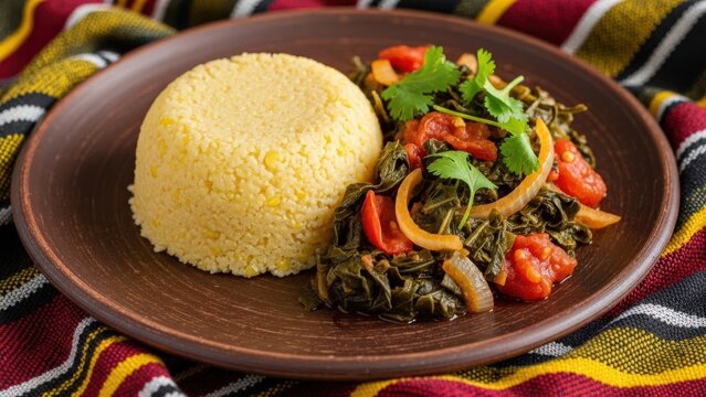 Traditional Ugali Cornmeal and Sukuma Wiki Collard Greens on Earth Brown Background with Copy Space