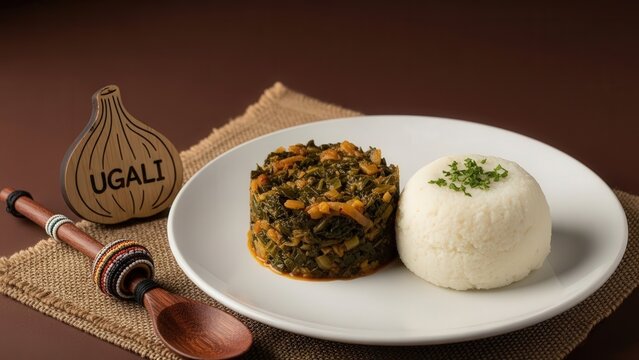 Traditional Ugali Cornmeal and Sukuma Wiki Collard Greens on Earth Brown Background with Copy Space