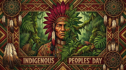 Obraz premium Indigenous Peoples Day portrait with traditional headdress art.