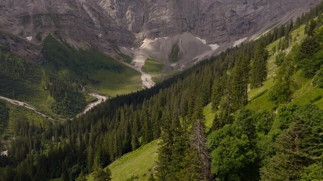 Aerial view of alpine forest and mountain stream beneath limestone cliffs in Eng Alm Valley, Karwendel Mountains, Austria