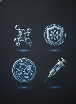 3D virus particles and vaccine syringe illustration. Medical pathogen cells with immunization injection for science and healthcare concepts.