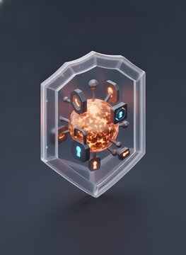 3D rendered glowing cybernetic organism in futuristic crystal cube. Sci-fi digital lifeform encapsulated in transparent geometric display.