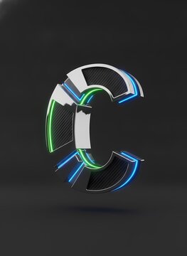 Neon light trails forming a glowing letter C. Abstract futuristic symbol with vibrant electric colors for digital branding.