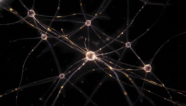 Neural network data flow with glowing nodes. AI deep learning visualization connecting digital intelligence pathways.