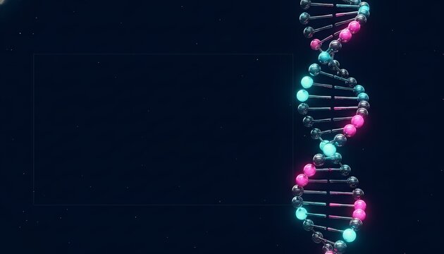 3D DNA helix glowing with neon biotech strands. Futuristic genetic science visualization for medical research and innovation.