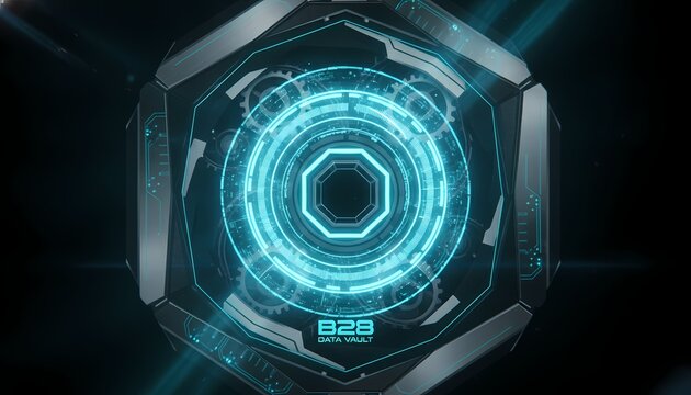Futuristic digital scanner with glowing blue interface. High-tech security system scanning data in cyber environment.