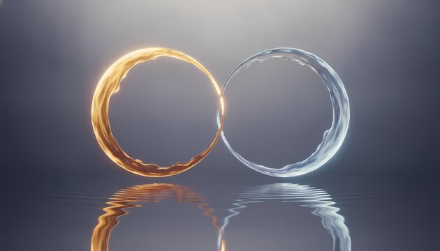 Golden and silver wedding rings on reflective surface. Elegant matrimony jewelry symbolizing eternal love and commitment.