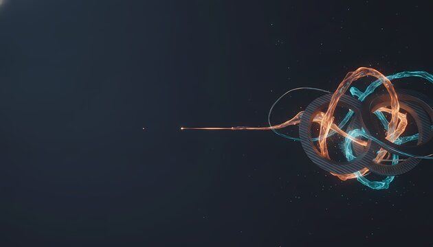 Futuristic quantum entanglement in deep space. Glowing cosmic particle connection with neon energy trails.