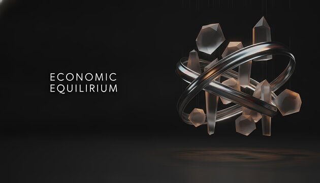 3D economic equilibrium model balancing supply and demand. Futuristic financial data visualization with intersecting geometric shapes.