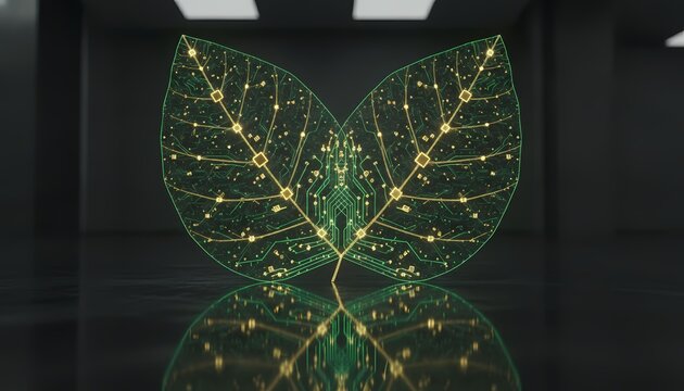 Digital butterfly glowing with neon lights on dark background. Futuristic insect hologram with cyberpunk bioluminescence effect.