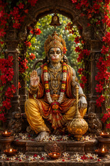 Obraz premium Blessing Hanuman Sits Beneath a Flower Covered Temple Arch with Golden Mace Garlands Lamps and Scattered Jasmine in a Peaceful Devotional Portrait at Morning Outdoors