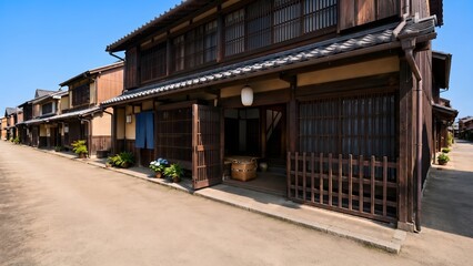Fototapeta premium Traditional Wooden Townhouse Entrance on a Quiet Summer Street