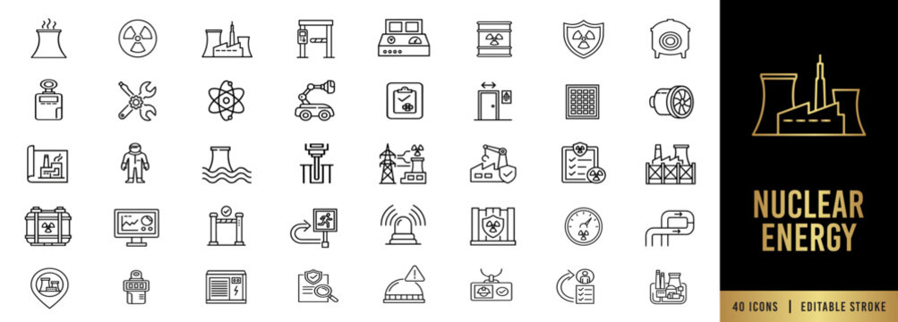 Nuclear Energy and Power Plant Line Icon Set. Atomic Infrastructure, Radiation Safety, and Engineering. 40 Editable Stroke Vectors.