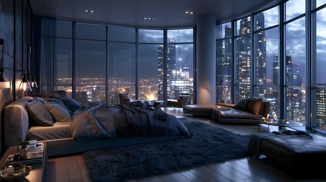 Luxury penthouse bedroom featuring floor to ceiling glass walls overlooking illuminated metropolis at midnight, premium interior visualization