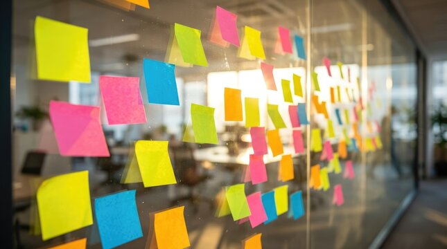 Colorful Sticky Notes Covering An Office Brainstorming Wall