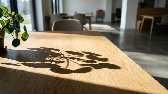 Wooden Desk With A Plant Casting Long Shadows In Sunlight
