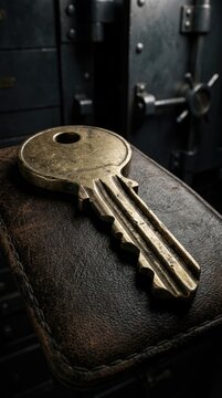 Vintage Key Resting On A Leather Surface In Close Up