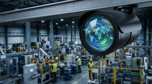 Industrial surveillance camera with digital world overlay