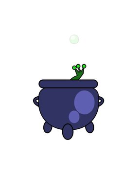an animation of a wizard's cauldron with eyeballs and frog legs popping out of it, with some green bubbles coming out