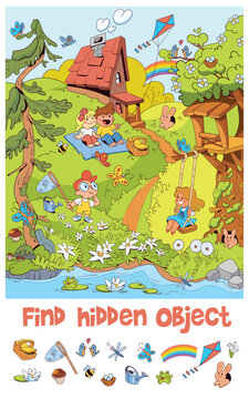 Educational kids illustration with hidden objects in a playful garden scene. Spring Park. Children explore, observe, and find items, supporting attention, logic, and visual perception skills. Vector