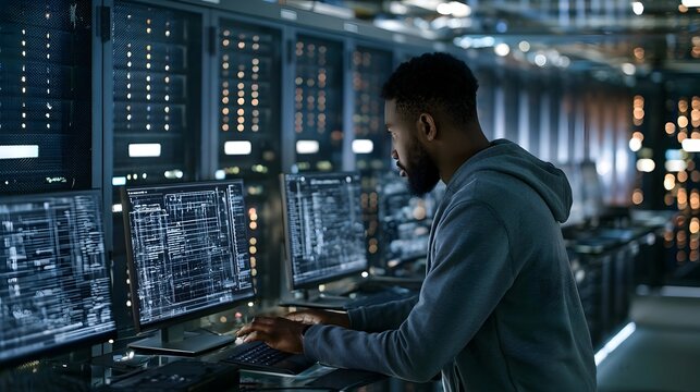 Machine learning researcher training large language models inside advanced GPU cluster facility, high performance computing environment, realistic enterprise technology scene