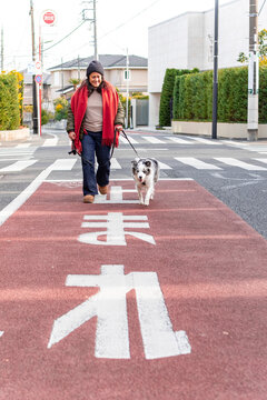Woman walking dog on quiet suburban street in winter